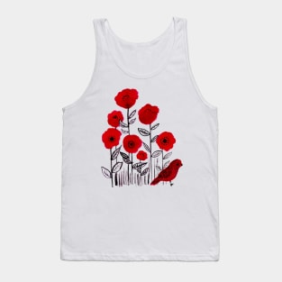 Poppies and little red bird watercolor painting Tank Top